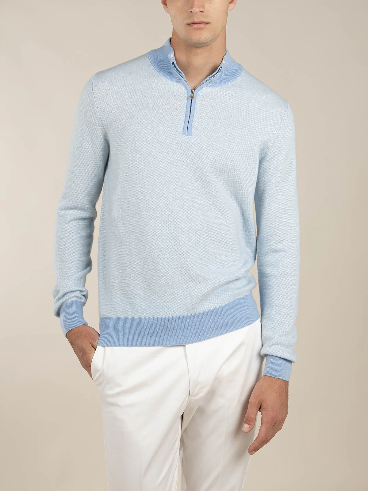 Light Blue Jaquard Zipper Sweater - Image 2