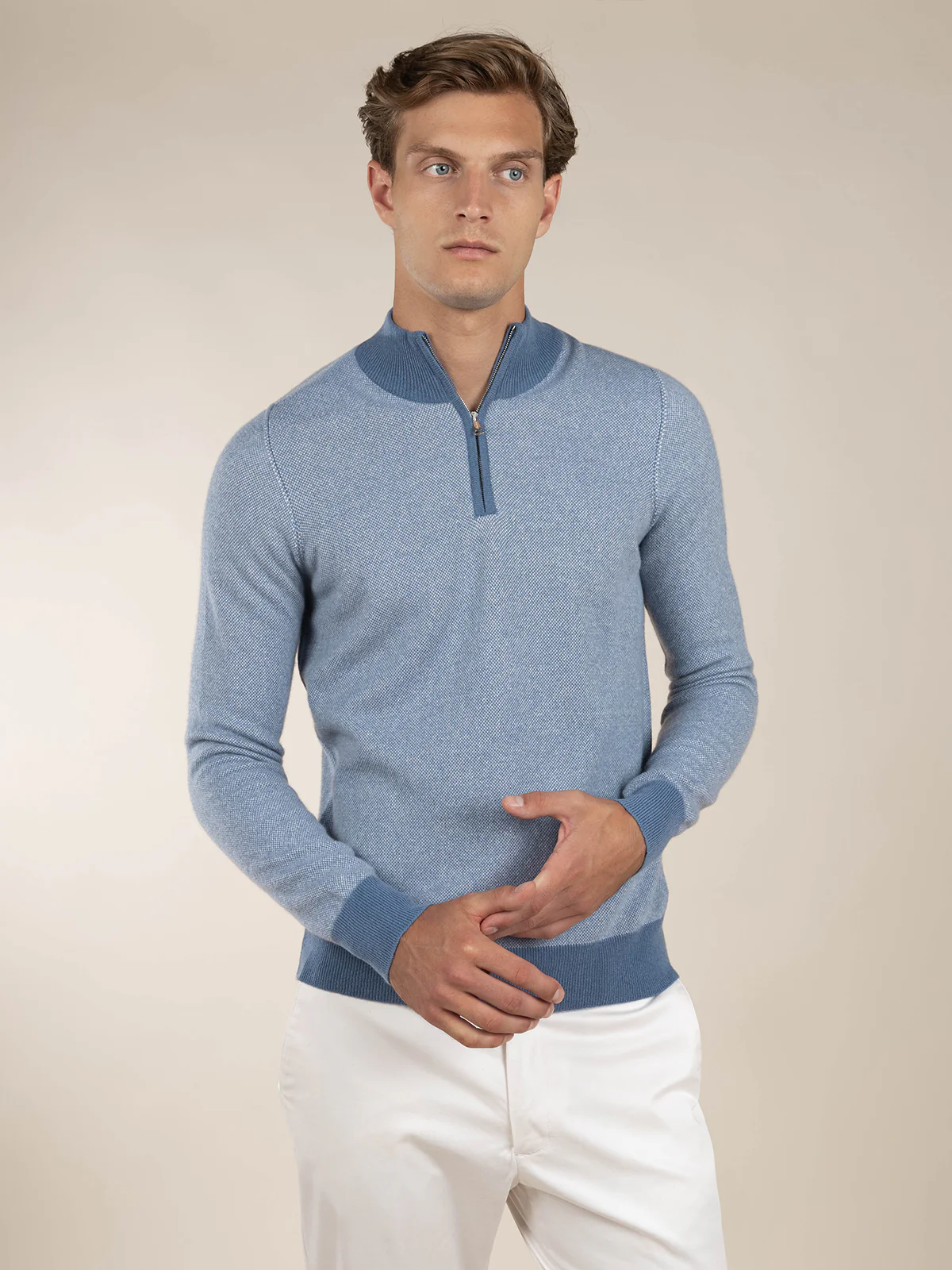 Steel Blue Jaquard Zipper Sweater - Image 4