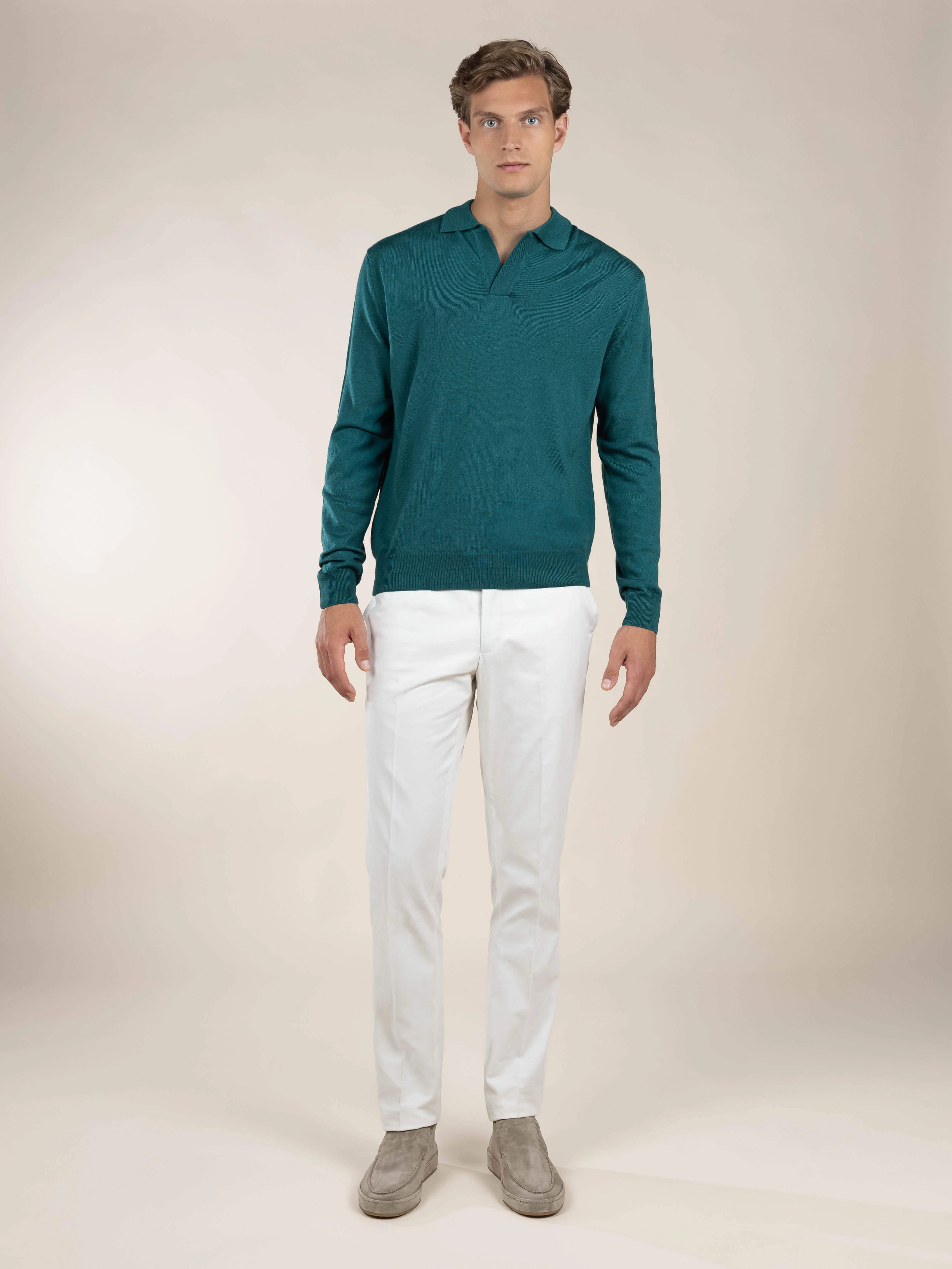 Extrafine Merino Buttonless Polo Carribean Blue - Image 7