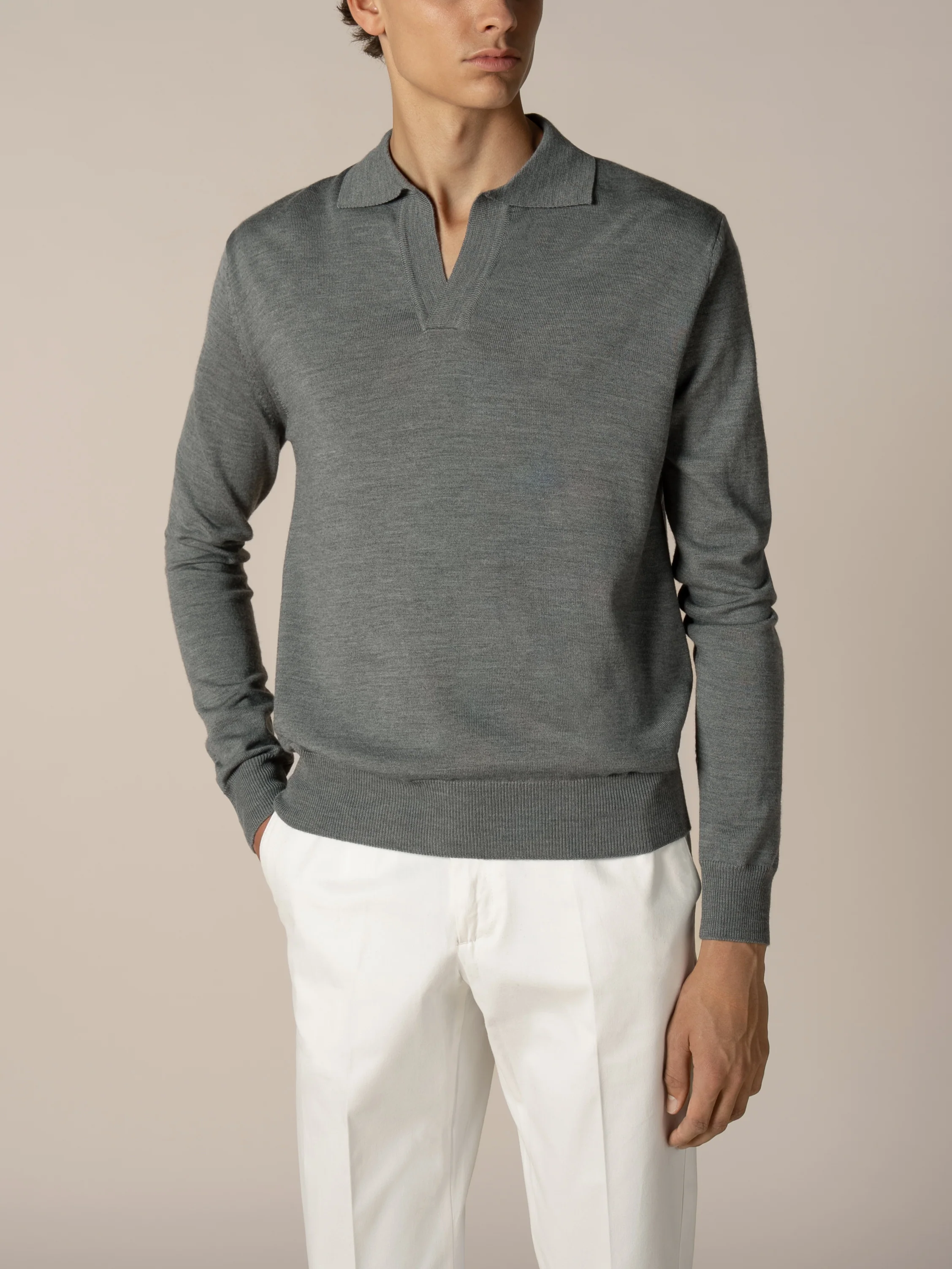 Extrafine Merino Buttonless Polo Dark Grey - Image 2