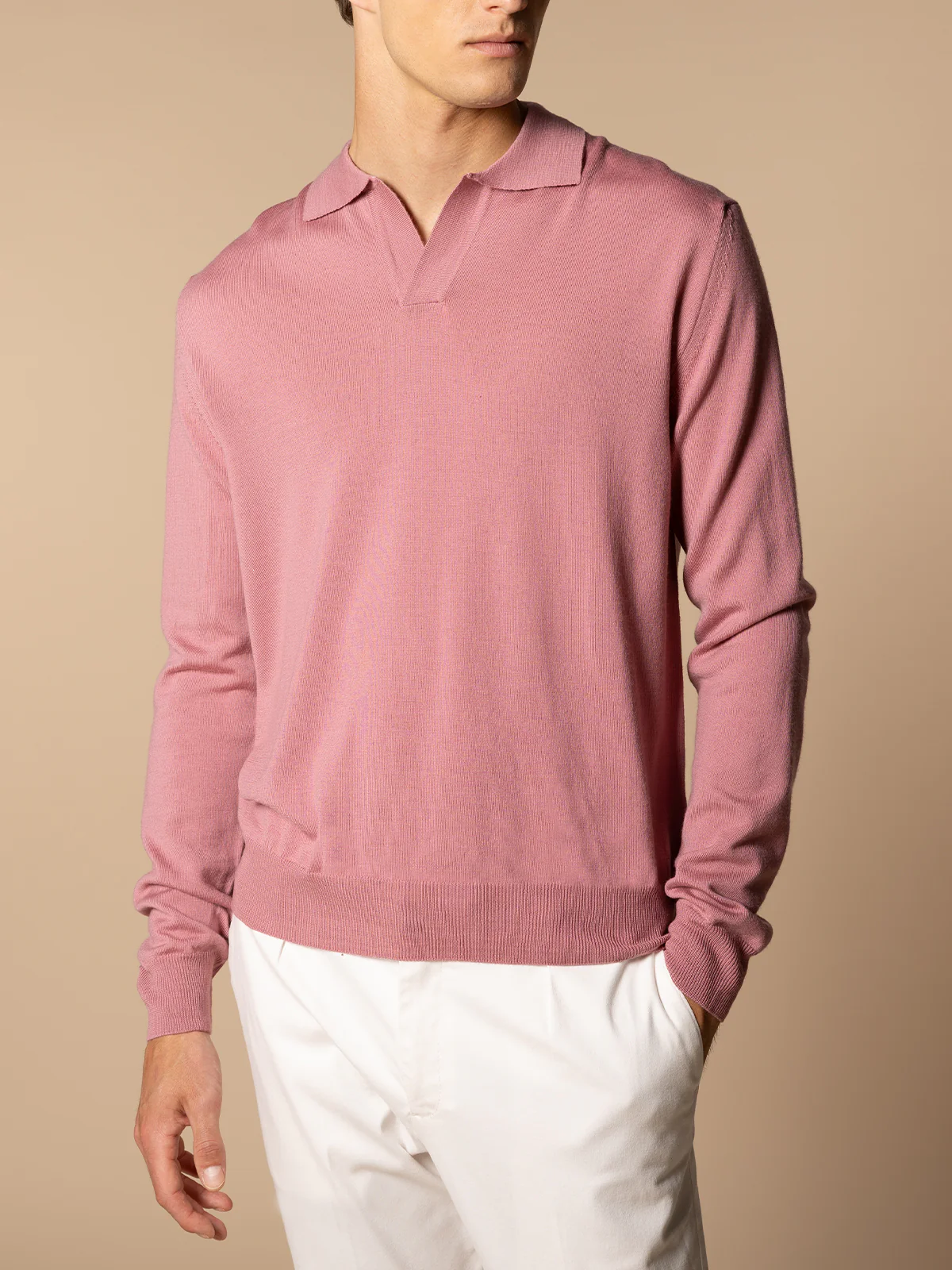 Extrafine Merino Buttonless Polo Dusty Pink - Image 2