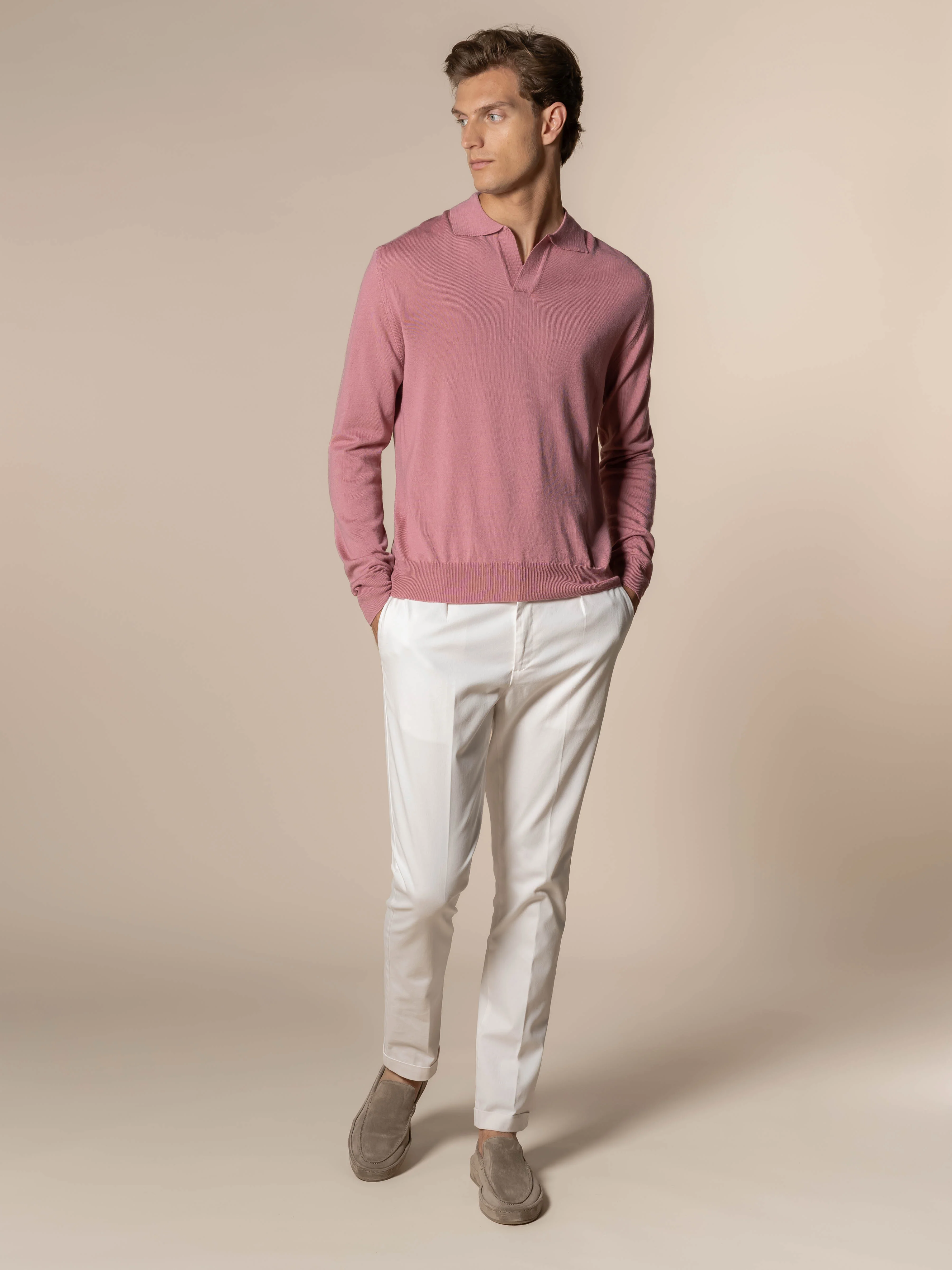 Extrafine Merino Buttonless Polo Dusty Pink - Image 6