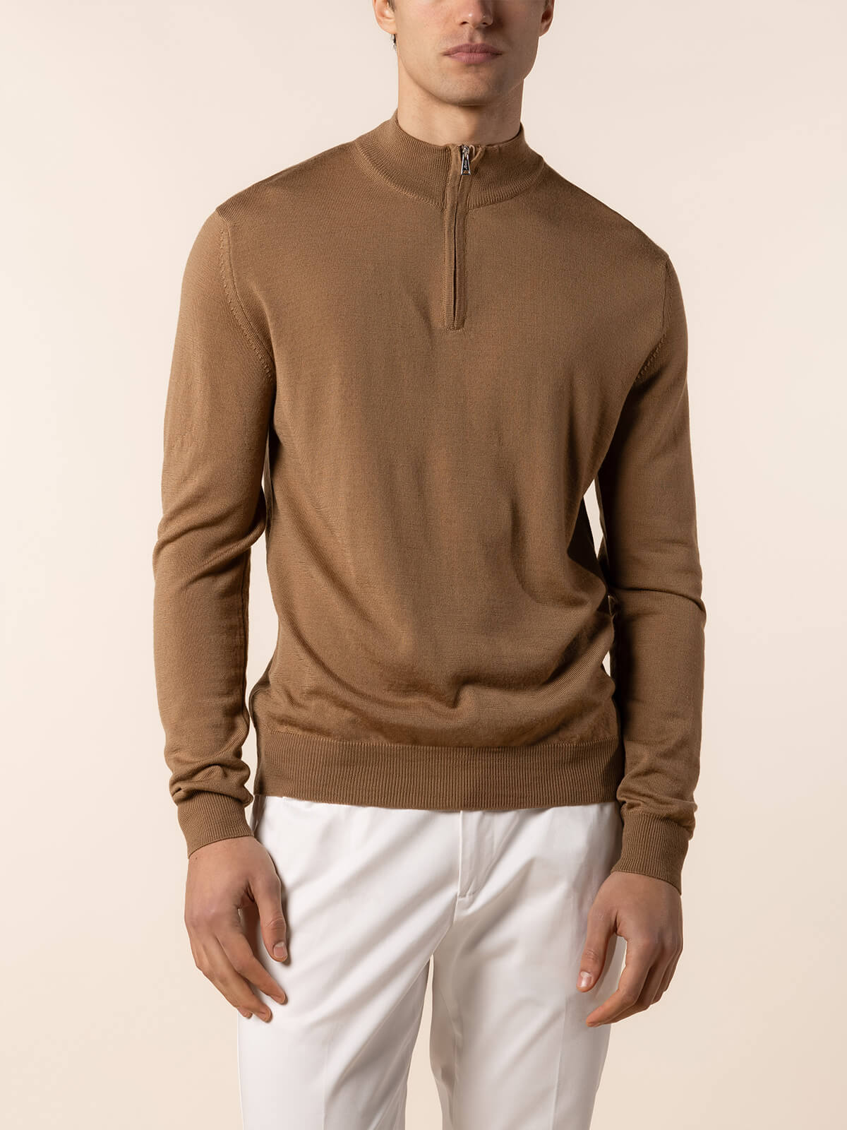 Extrafine Merino Zipper Sweater Dark Beige - Image 2