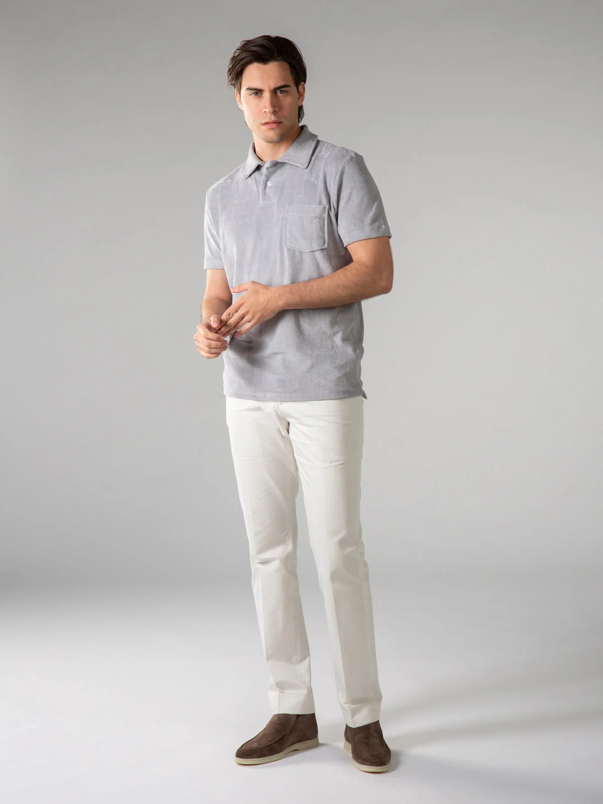 Light Grey Terry Towelling Polo Shirt - Image 6