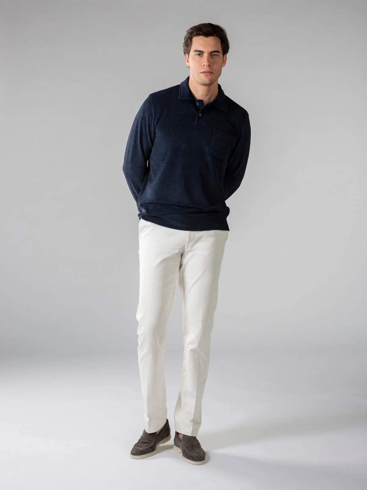 Navy Terry Towelling Longsleeve Polo - Image 7