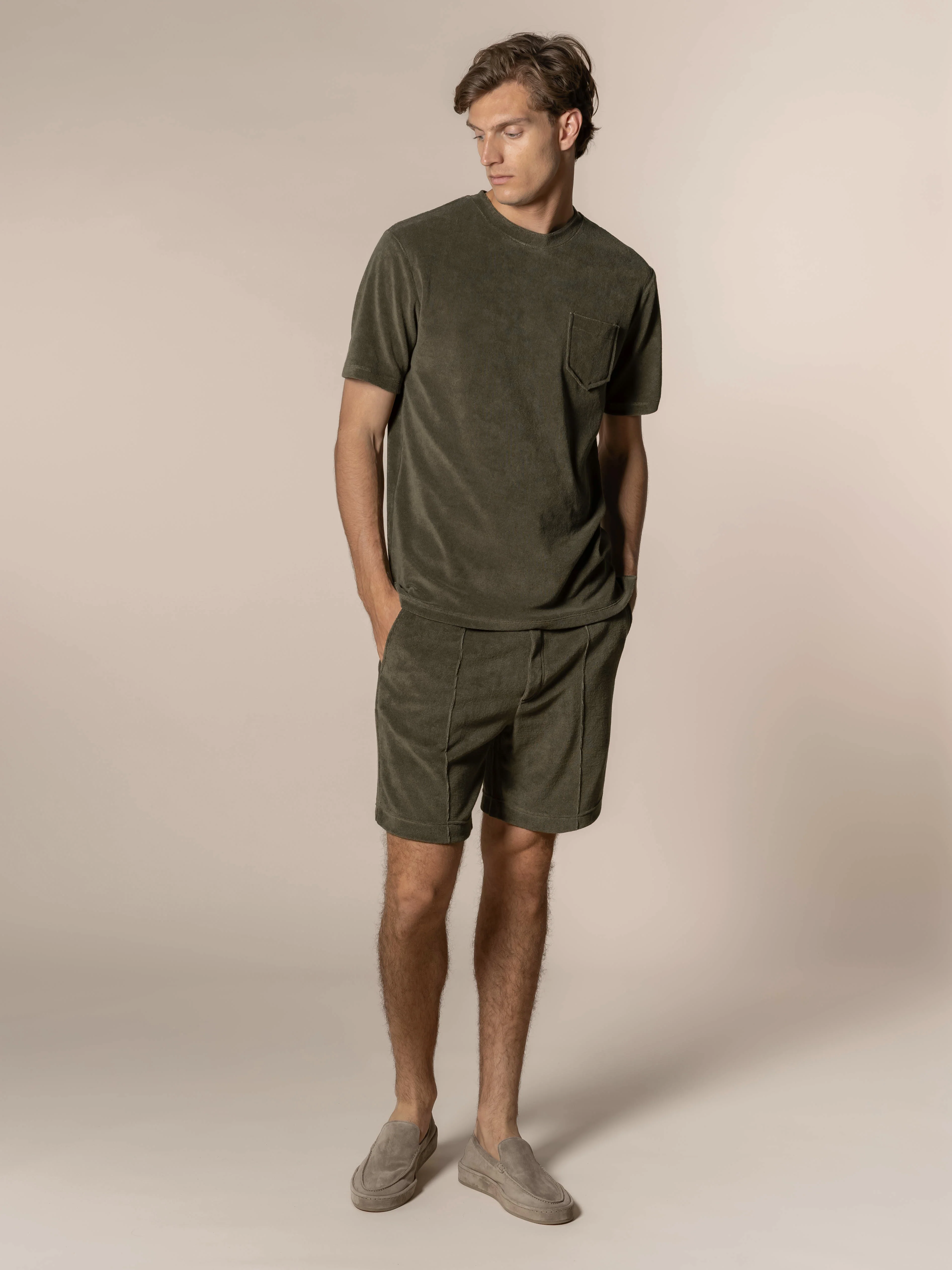 Olive Terry Towelling Leisure Shorts - Image 5