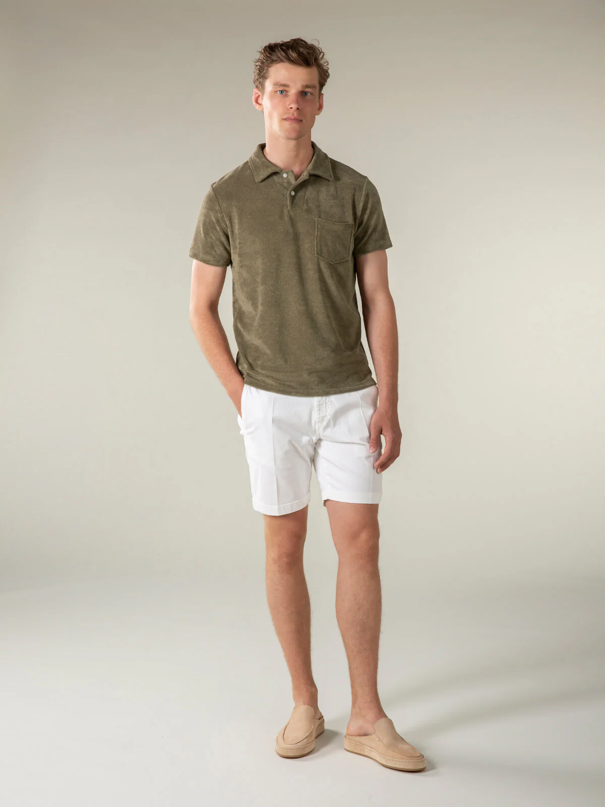 Olive Terry Towelling Polo Shirt - Image 6