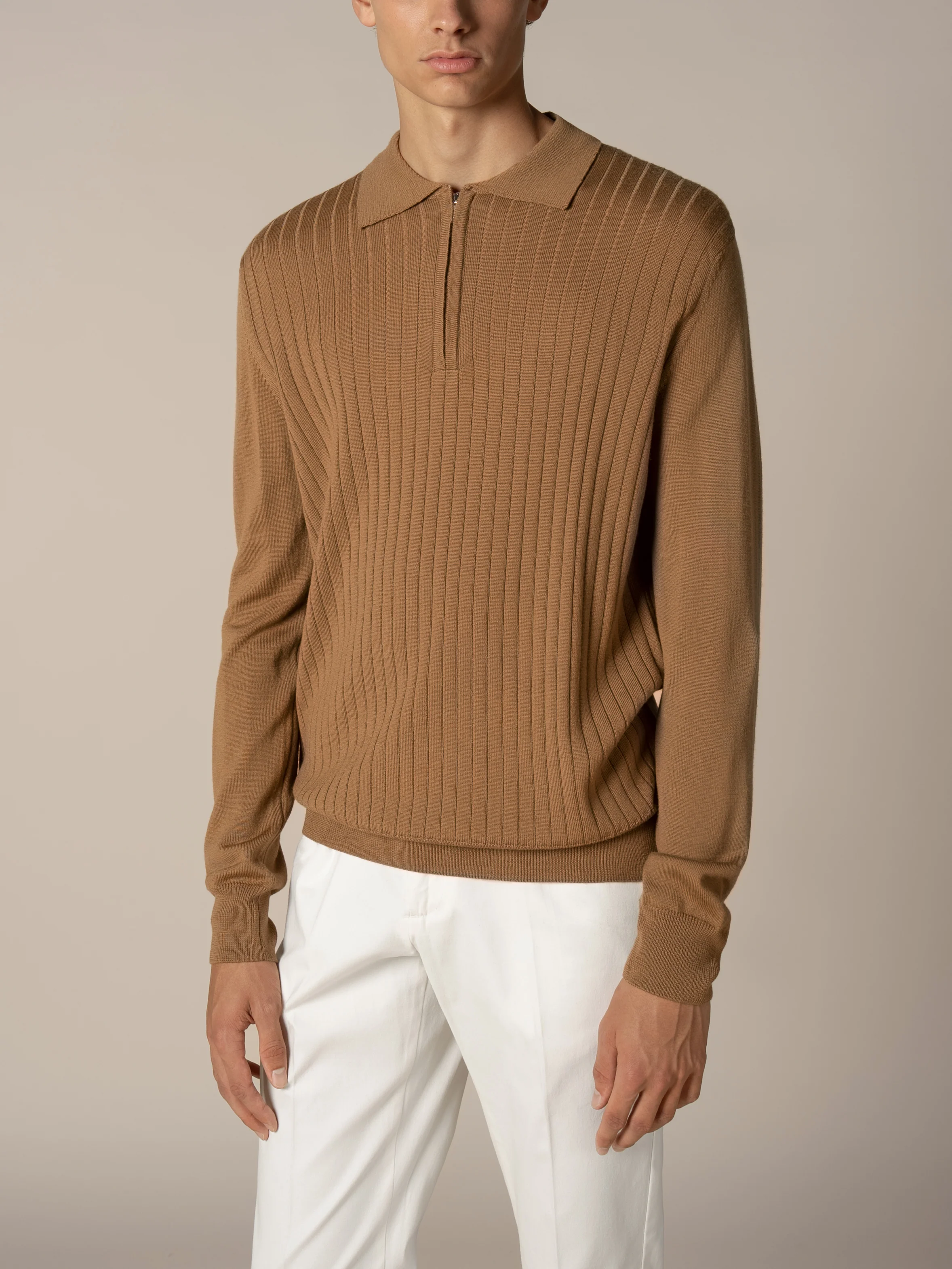 Ribbed Zipper Polo Caramel - Image 2