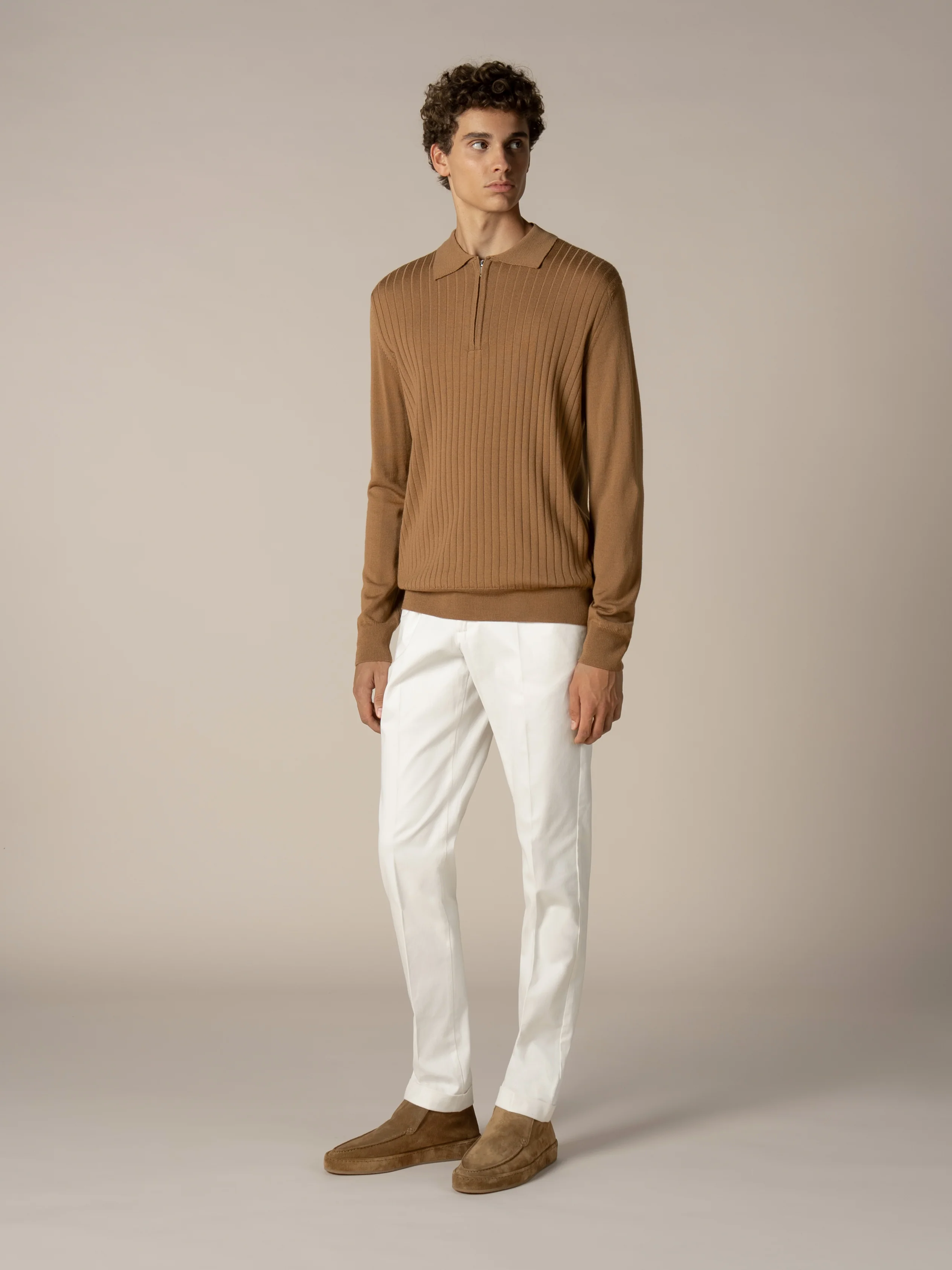 Ribbed Zipper Polo Caramel - Image 5