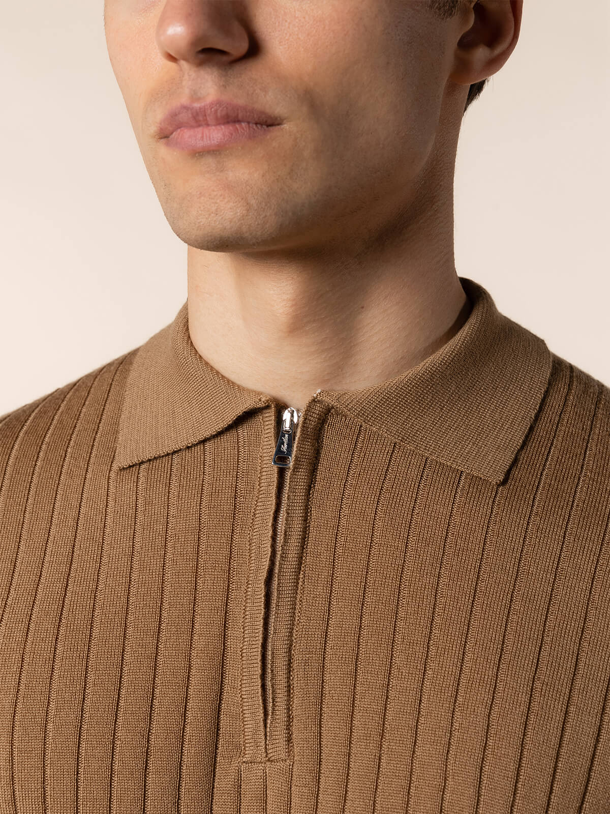 Ribbed Zipper Polo Dark Beige - Image 4