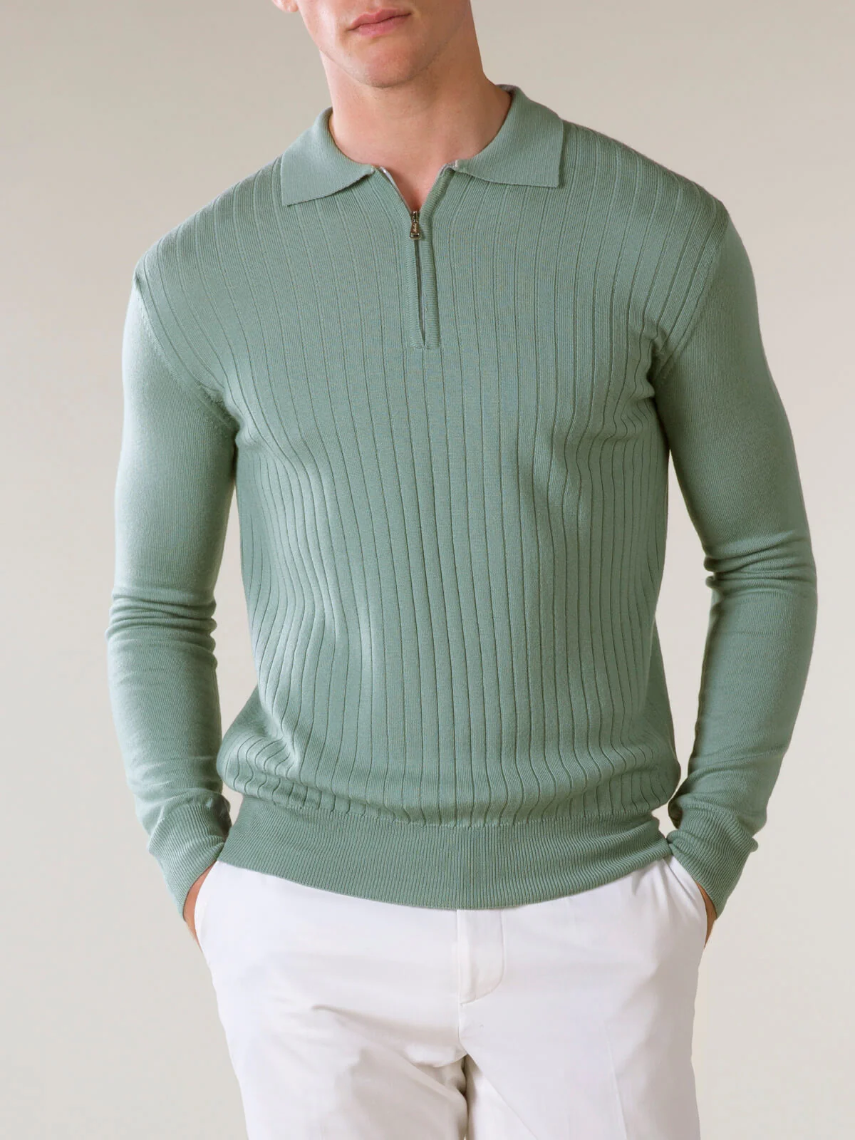 Ribbed Zipper Polo Light Green - Image 2