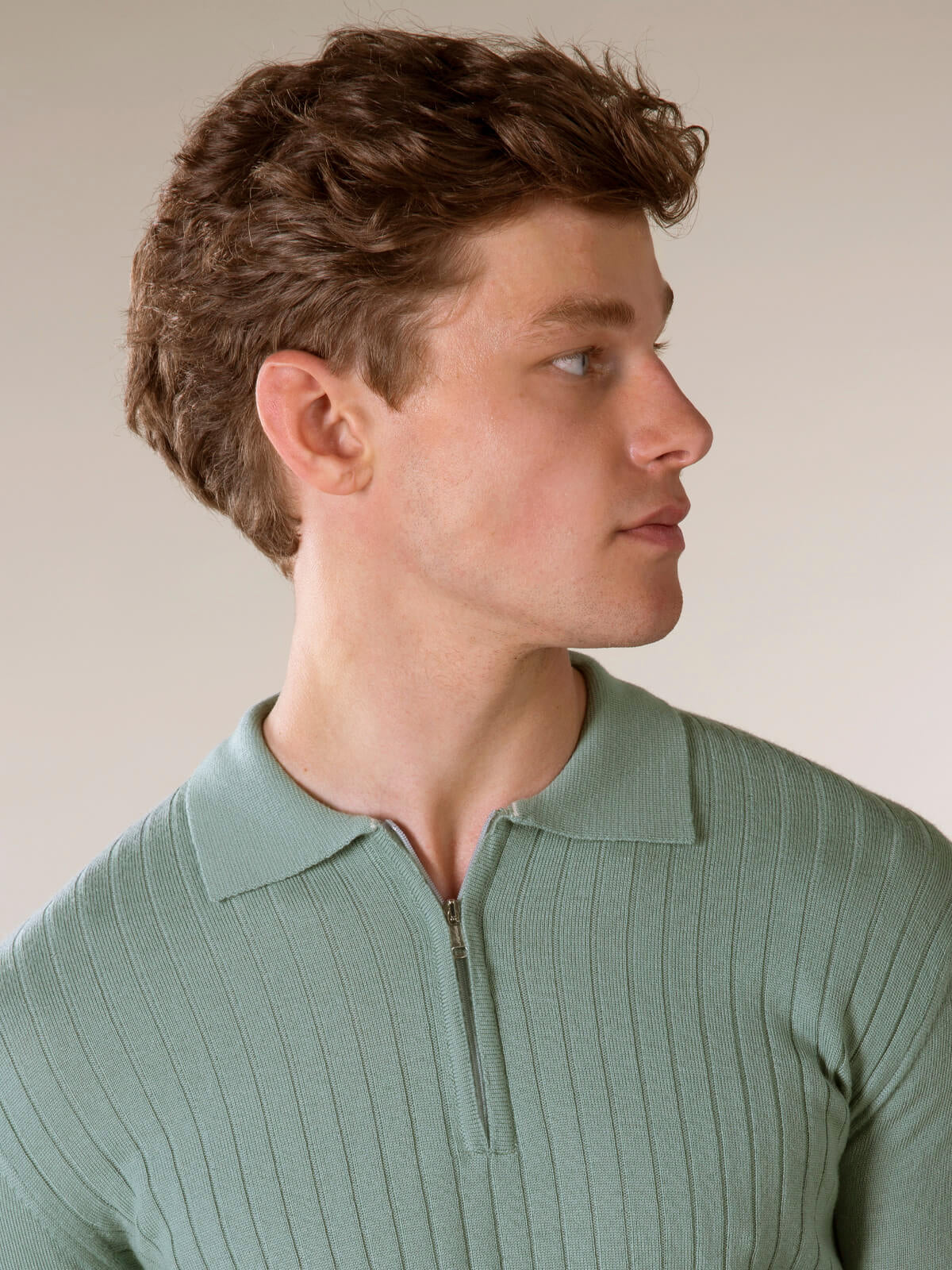 Ribbed Zipper Polo Light Green - Image 3