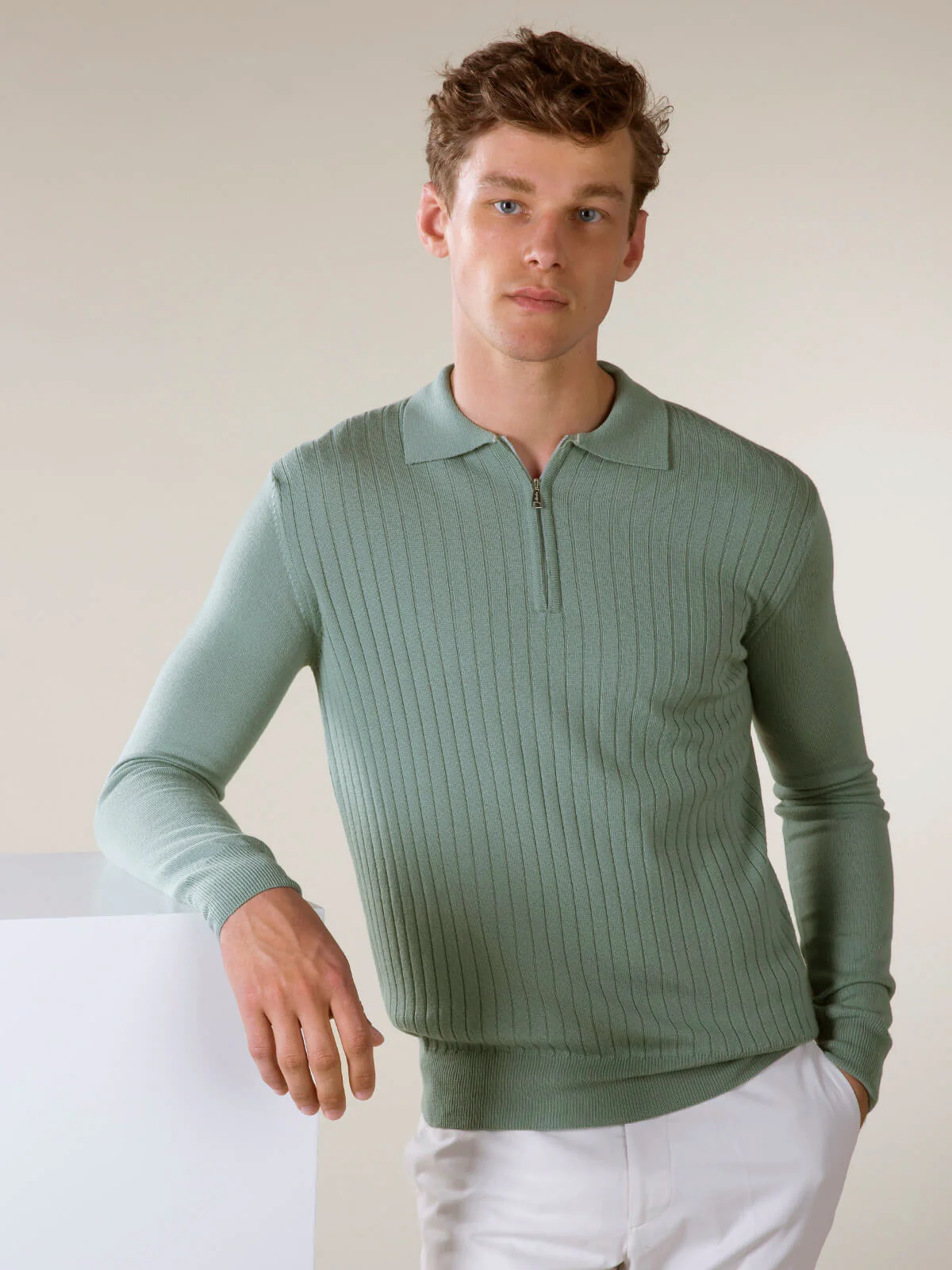 Ribbed Zipper Polo Light Green - Image 7