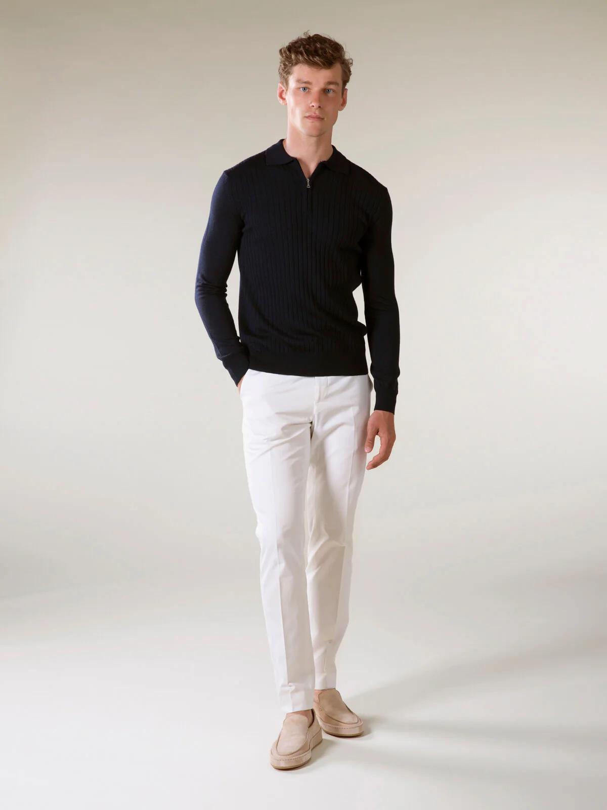 Ribbed Zipper Polo Navy - Image 8