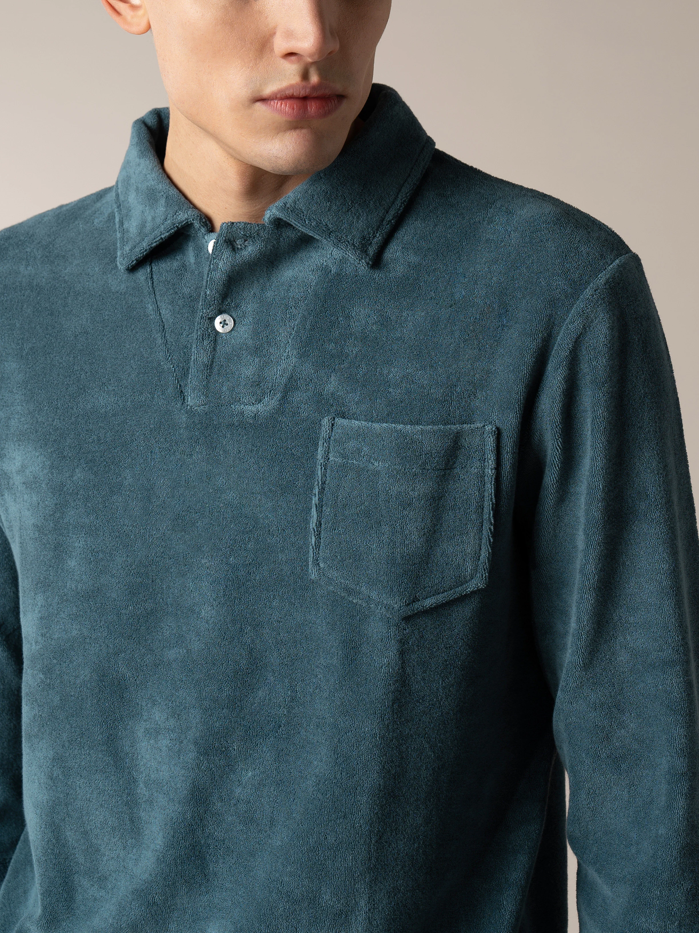 Sea Green Terry Towelling Longsleeve Polo - Image 4