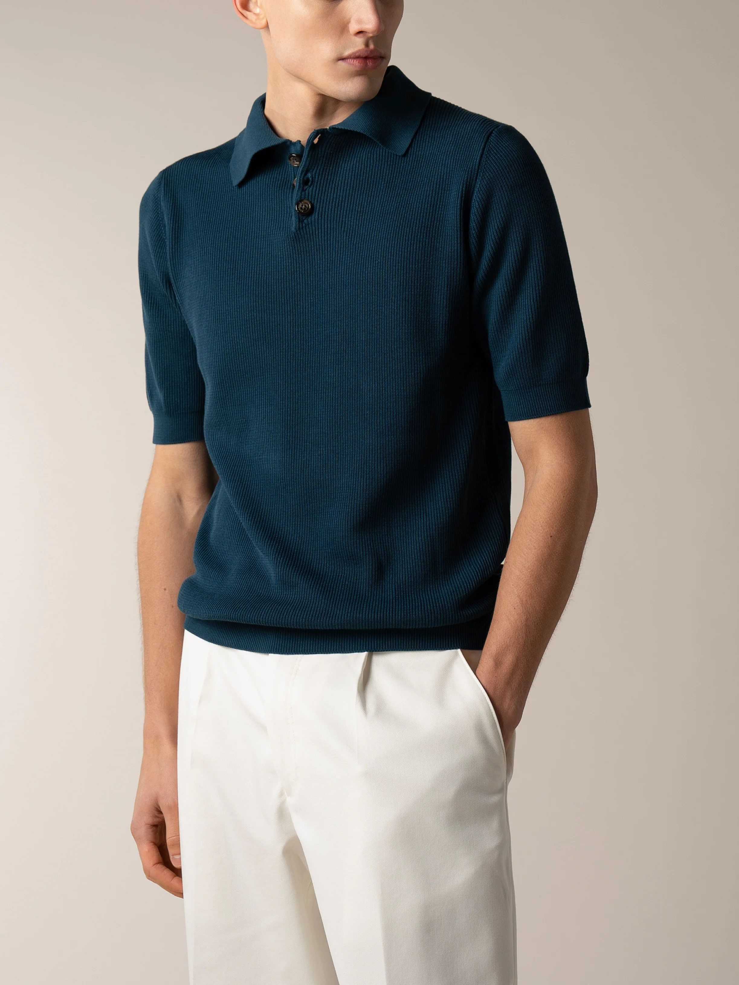 Shortsleeve Ribbed Knitted Polo Sea Green - Image 2