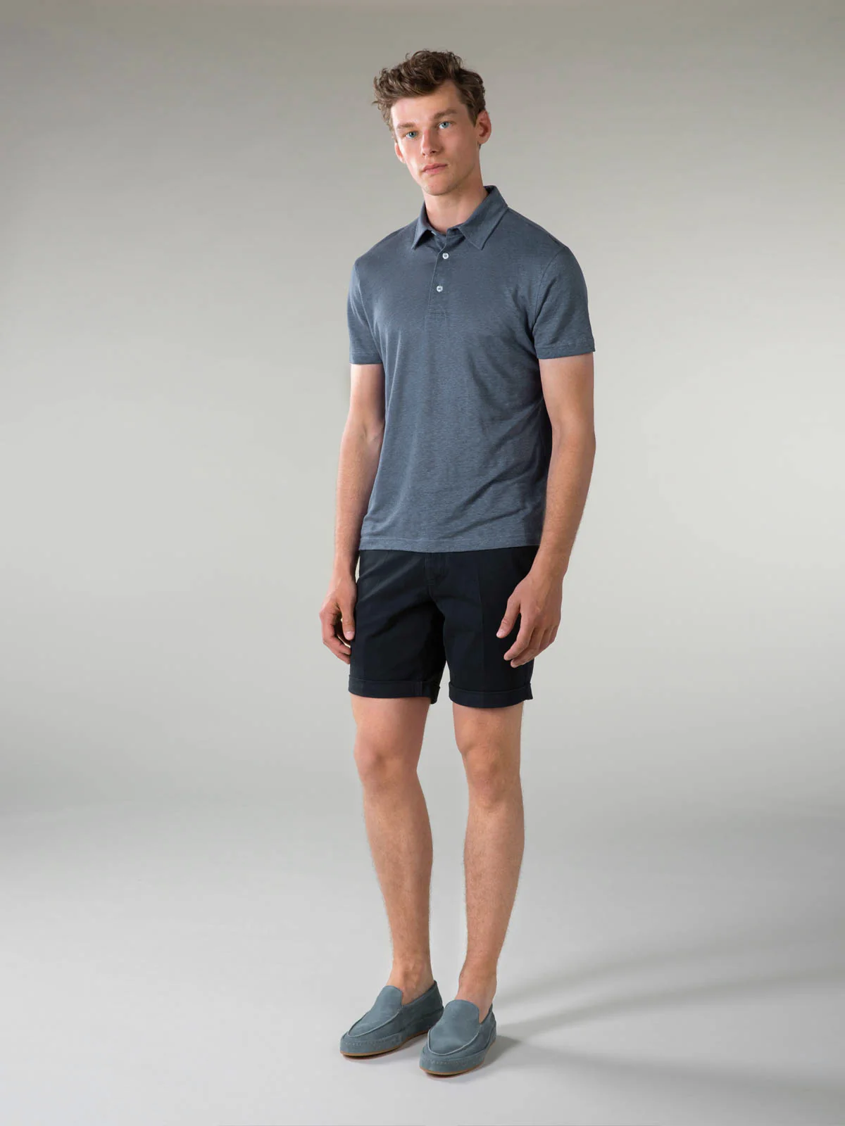 Steel Blue Linen Polo Shirt - Image 6