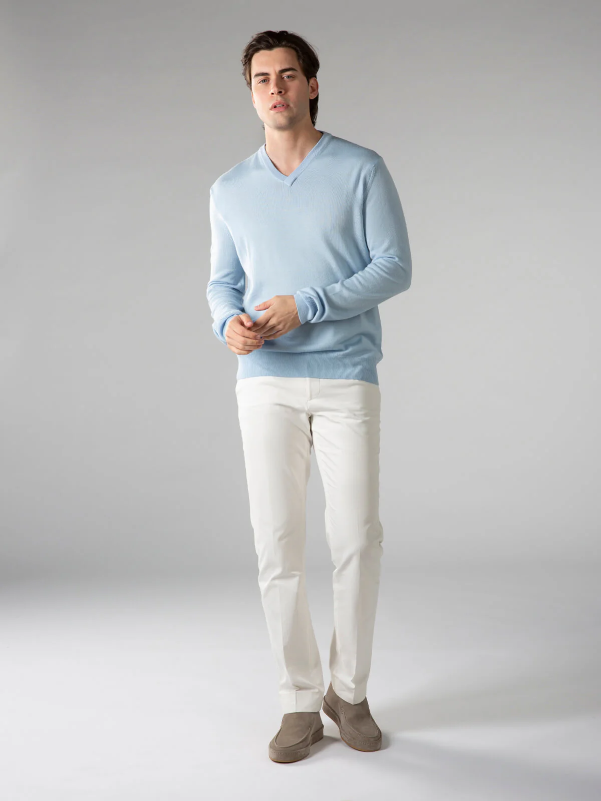 Extrafine Merino V-Neck Light Blue - Image 7